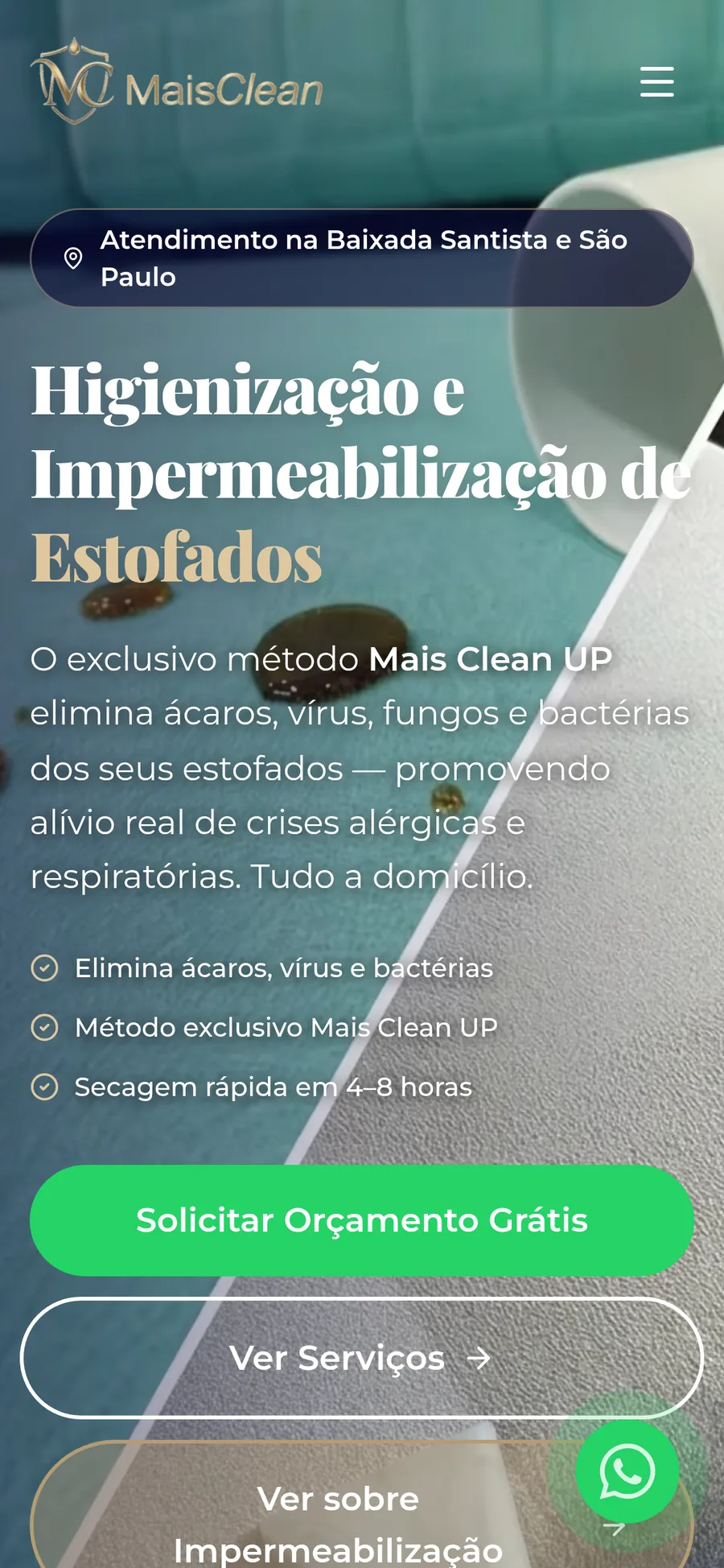 Página inicial do site da Mais Clean no celular, com botão de orçamento pelo WhatsApp