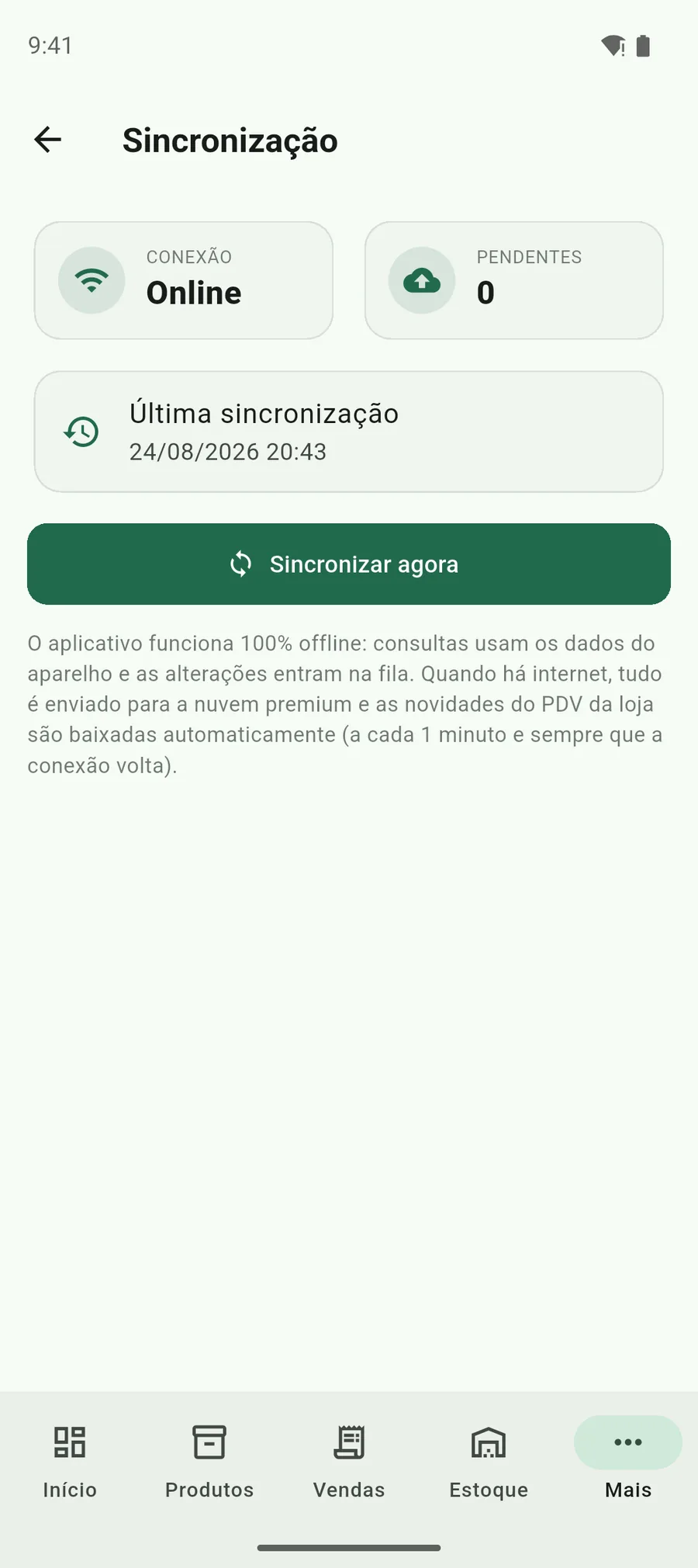 Tela de sincronização do app Vendaí: conexão online, zero pendências e a explicação do funcionamento offline